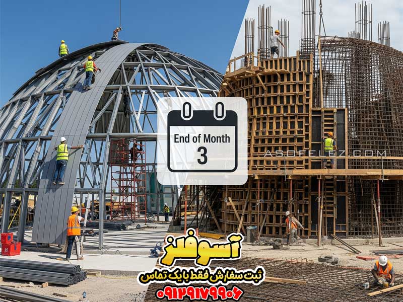 مقایسه سرعت ساخت گنبد فلزی در سمت چپ که در مرحله نصب نما است با گنبد بتنی در سمت راست که هنوز در مرحله آرماتوربندی است.