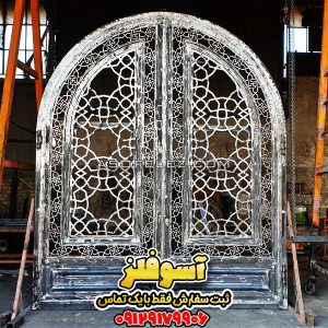 درب ویلایی فلزی لاکچری با طرح گره چینی سنتی، مدل قوسی دو لنگه، مناسب درب ورودی ساختمان ویلایی و باغ ویلا، ساخت آسوفلز